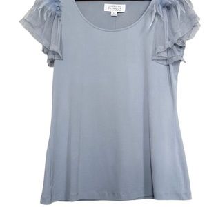 Badgley Mischka feather tulle cap sleeves blue top. Scoop neck. Size Large.